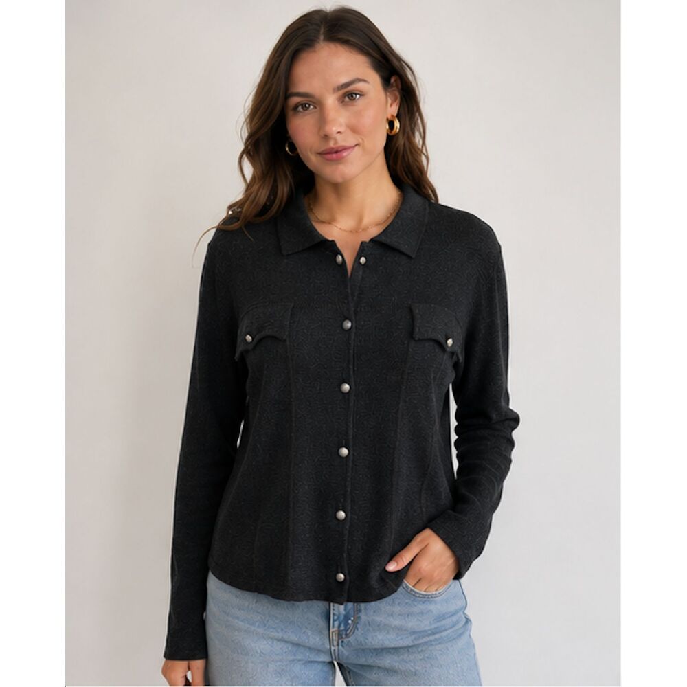 Double D Ranch Heathered Black Linen Blend Button-Up Shirt Women's Small